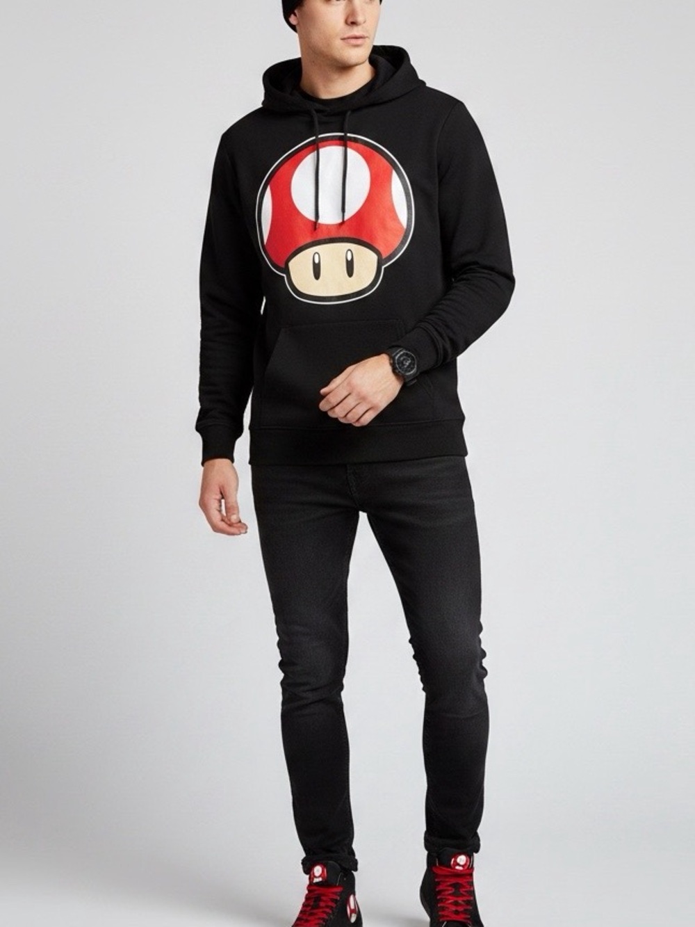 NEW Vintage Nintendo Super Mario Mushroom Pullover Hoodie Unisex Black Size XL